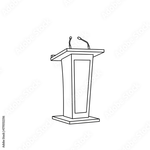 A line drawing of a wooden podium with two microphones, suitable for speeches or presentations