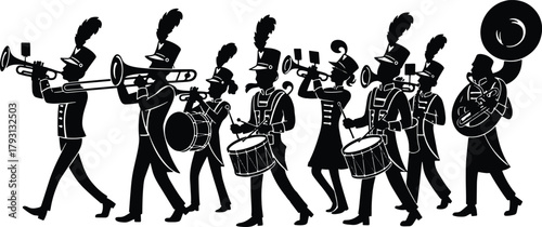 Marching band silhouette with musicians and instruments illustration graphic design