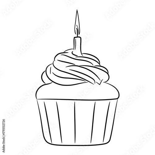 cupcake with burning candle, sketch of black art brush lines