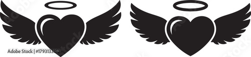 Two angel hearts with wings and halos silhouette