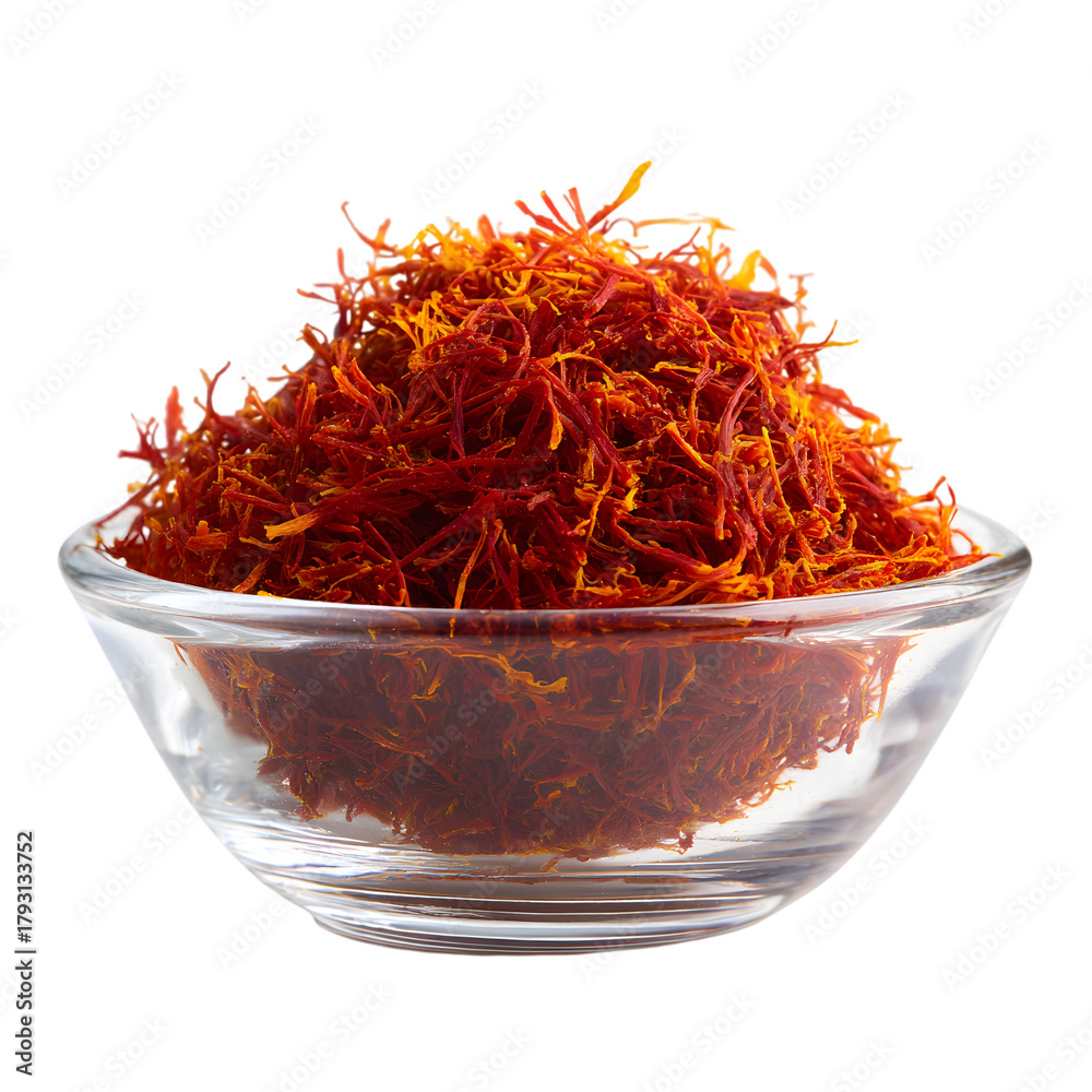 Fototapeta premium Pile of Red Saffron Threads in a Small Clear Glass Bowl, Expensive Culinary Spice, Isolated on transparent background