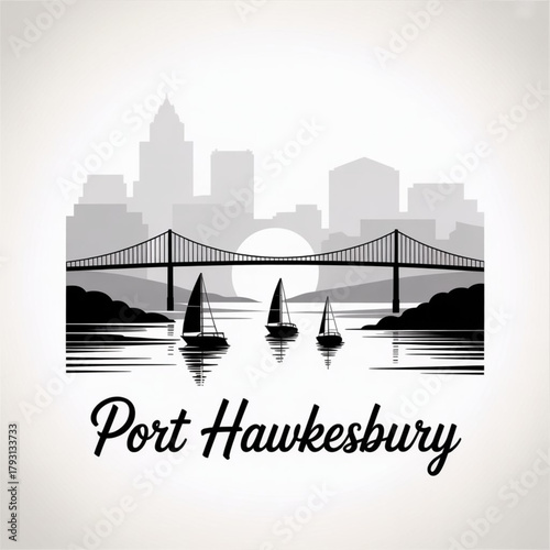 Port Hawkesbury Nova Scotia Skyline Silhouette — Cape Breton Gateway Harbour Town in Canada Vector Illustration