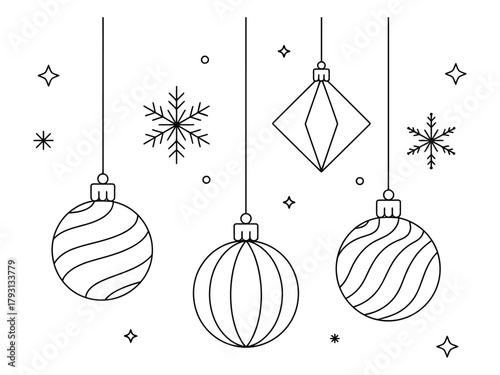 A festive collection of Christmas ornaments and snowflakes hangs against a white background.