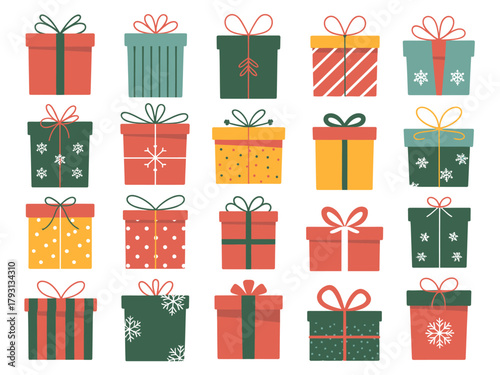 A collection of festive holiday gift boxes decorated with ribbons and bows.