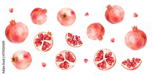 Set of pomegranates in watercolor style. different sizes and angles, including whole fruits and halves with seeds, soft red and pink tones, isolated on white background. Vector