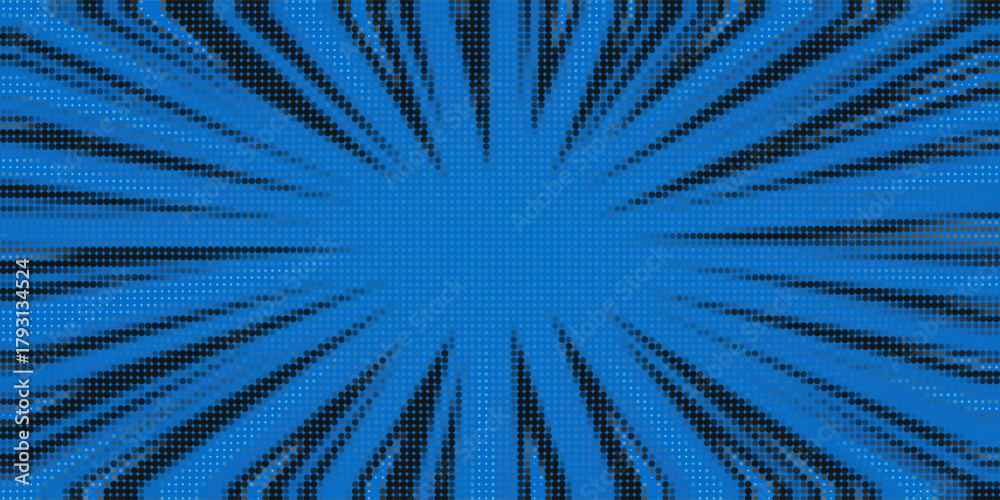Obraz premium Pop art halftone background. Comic starburst pattern. Blue banner with star speech bubble. Vintage duotone texture. Gradient wow design. Cartoon superhero print. Vector illustration.