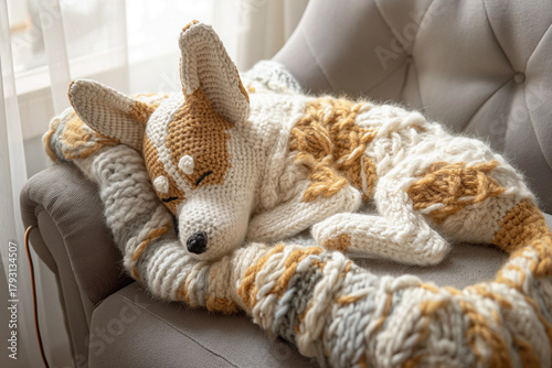 Cozy knitted dog toy resting on a soft blanket
Handmade crochet corgi in a cozy home interior