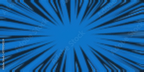 Pop art halftone background. Comic starburst pattern. Blue banner with star speech bubble. Vintage duotone texture. Gradient wow design. Cartoon superhero print. Vector illustration.