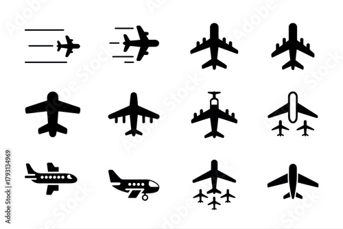 Airplane aviation travel flight transport journey symbol plane vector silhouette icon design graphic commercial