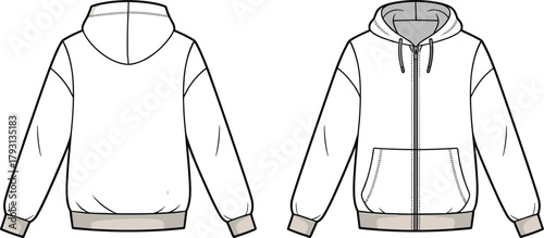 Technical CAD drawing flat vector illustration of hooded zip front sweatshirt with kangaroo pocket rib hem and cuffs front and back garment template