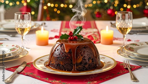 A beautifully presented traditional Christmas dinner featuring roast turkey, vegetables, and festive decorations. Perfect for holiday food blogs, restaurant promotions, greeting cards.