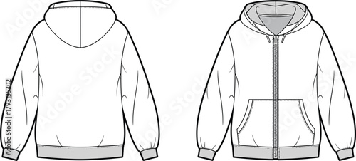 Technical CAD drawing flat vector illustration of unisex zip up hoodie front and back view with kangaroo pocket rib hem and hood