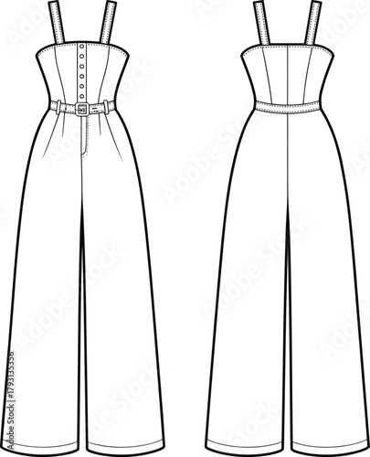Technical CAD drawing flat vector illustration of womens belted wide leg sleeveless jumpsuit front and back view with button front corset top fashion template
