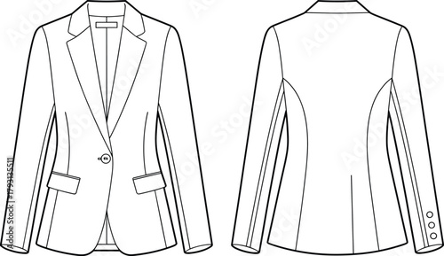 Technical CAD drawing flat vector illustration of women tailored blazer jacket front and back view 