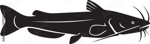Detailed black silhouette of a catfish featuring prominent whiskers and fins