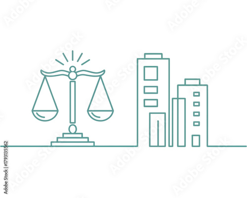 Law firm justice scales building legal services attorney advocate courthouse city skyline representation of law