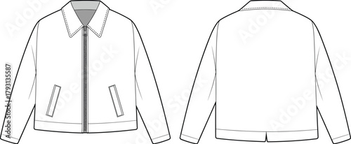 Stylish zip front jacket flat sketch front and back view, fashion cad drawing vector illustration, casual long sleeve outerwear technical clothing design template