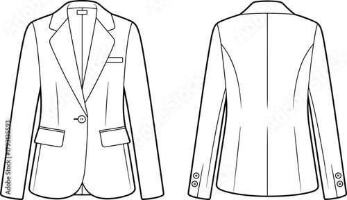 Technical CAD drawing flat vector illustration of womens tailored blazer jacket front and back view with notched lapel welt chest pocket and flap pockets apparel template