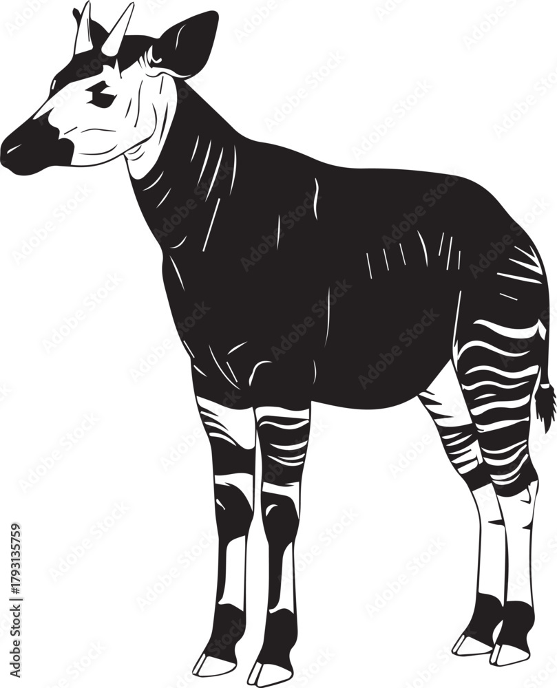 Obraz premium Striking okapi silhouette standing proudly with distinctive zebra-like leg markings wildlife art