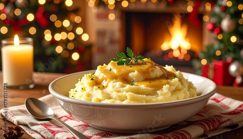 A beautifully presented traditional Christmas dinner featuring roast turkey, vegetables, and festive decorations. Perfect for holiday food blogs, restaurant promotions, greeting cards.