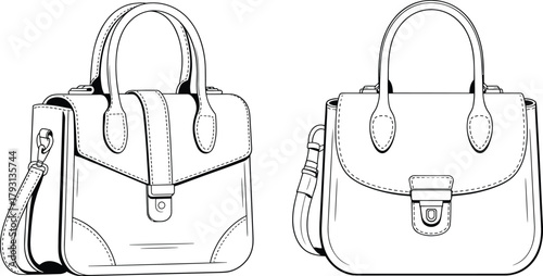 Technical CAD Drawing Flat Vector Illustration of a Women's Flap Satchel Handbag for Fashion Design