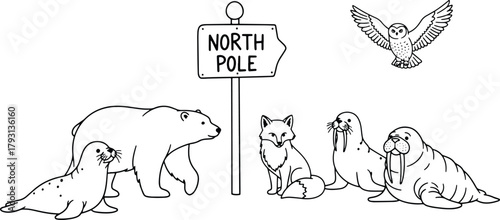North Pole wildlife scene with cute animals in line art style