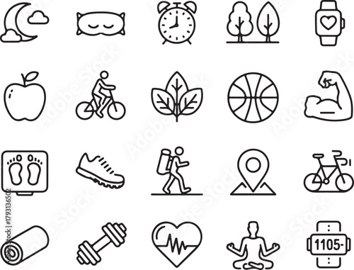Collection of hand drawn doodle icons representing healthy lifestyle elements including sleep fitness nutrition and outdoor activities for wellness and self care concepts