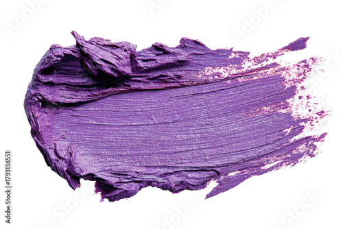 Close-up of a textured, vibrant purple cosmetic smear.  The application is uneven, with visible brushstrokes and a slightly rough surface.  A soft white edge highlights the form