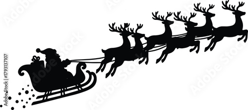 Santa Claus flying in sleigh pulled by reindeer silhouette illustration
