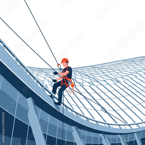 Professional industrial climber in a safety harness and helmet performing maintenance on the curved roof of a large stadium.