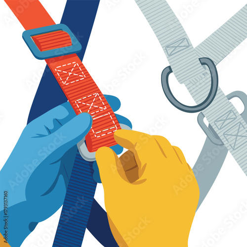 Close-up illustration of hands in protective work gloves carefully adjusting the straps of a fall protection safety harness.