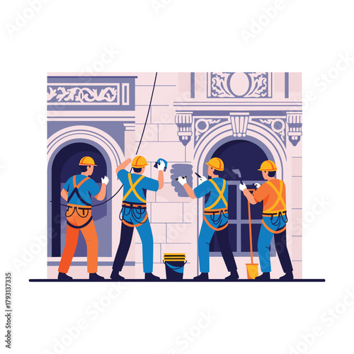 Team of construction workers in safety harnesses collaborating on the restoration and plastering of an old building's facade.