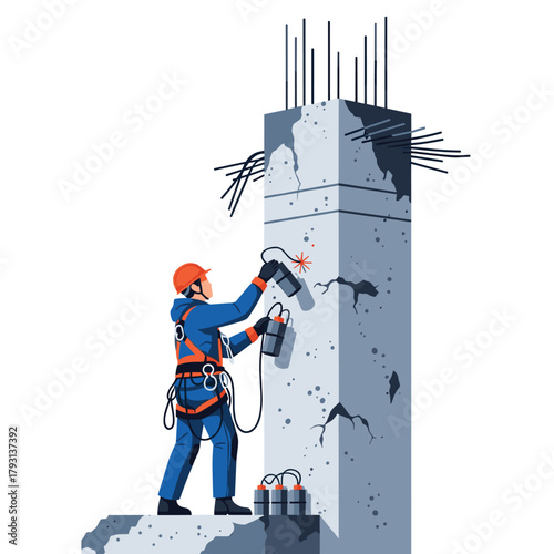 Industrial worker in a safety harness and hard hat preparing a damaged concrete pillar for demolition with explosive charges.