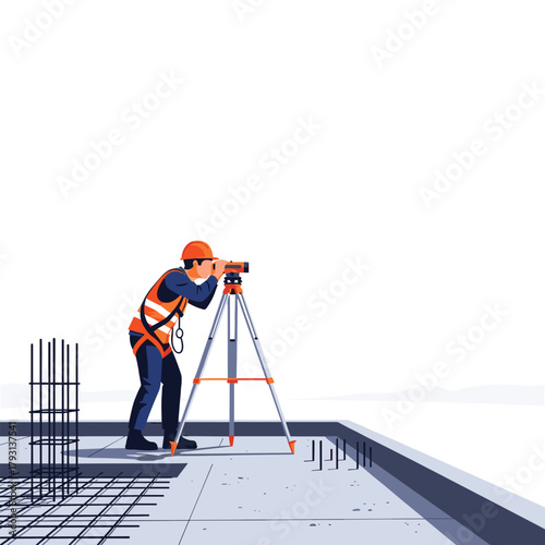 Land surveyor in a safety vest and hard hat using a theodolite on a tripod at a high-rise construction site.