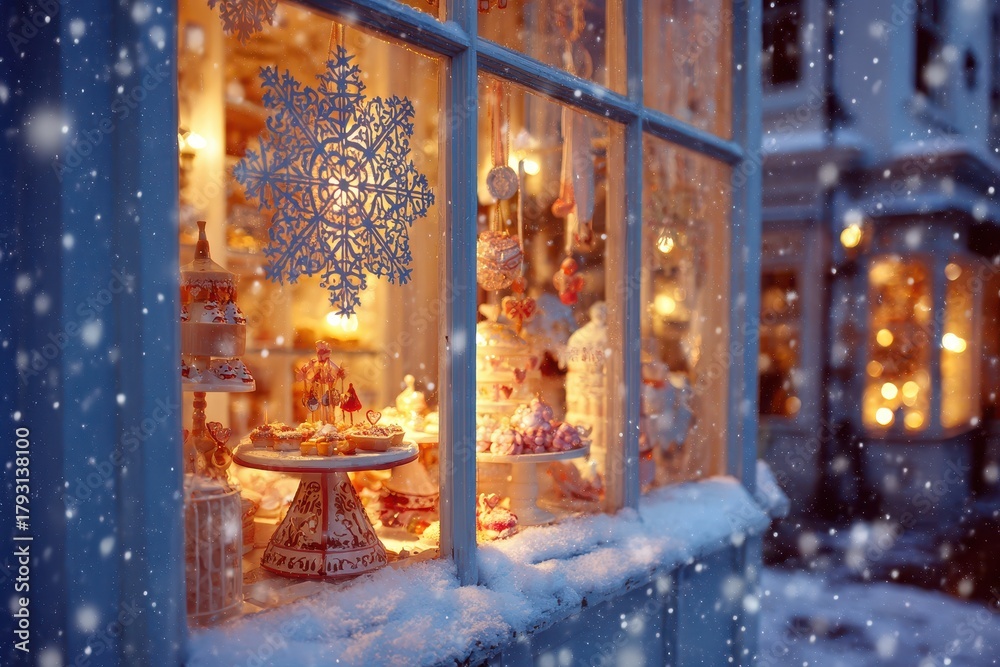 Obraz premium Snowy window view of a small bakery, warm glow from inside highlighting decorated holiday treats, inviting and magical festive scene