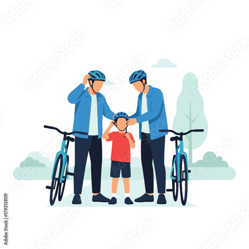Two fathers helping their son put on his bicycle helmet before a family bike ride in the park for safety.