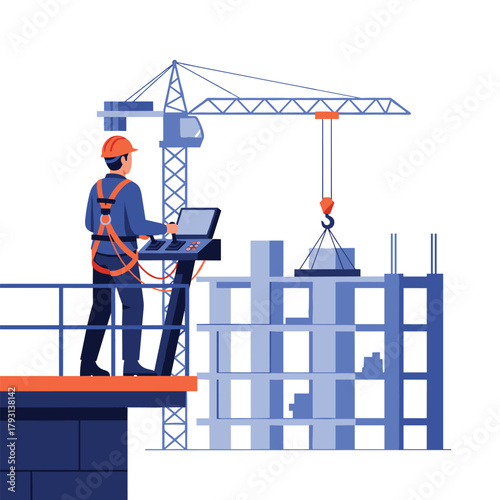 Crane operator wearing a safety harness controls the machinery from a platform at a high-rise building construction site.