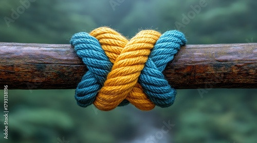 Close-up of two colorful ropes knotted around a wooden log