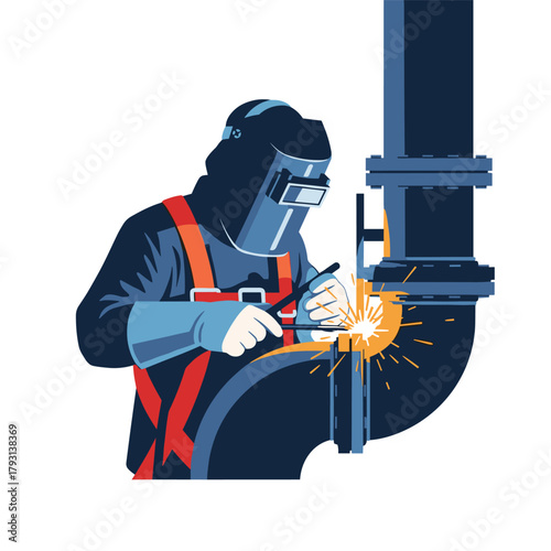 Industrial welder wearing a protective mask and safety harness meticulously welding a large metal pipe with bright sparks.