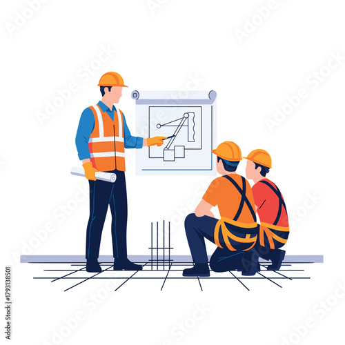 Safety instructor conducting a toolbox talk with construction workers, using a diagram to explain safe crane operation.