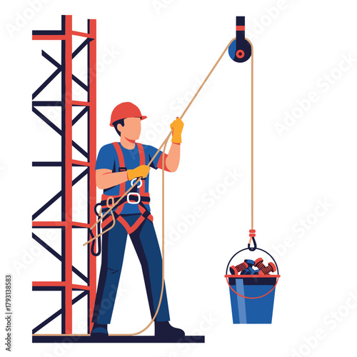 Construction worker in a safety harness uses a rope and pulley system to lift a bucket of tools while on scaffolding.