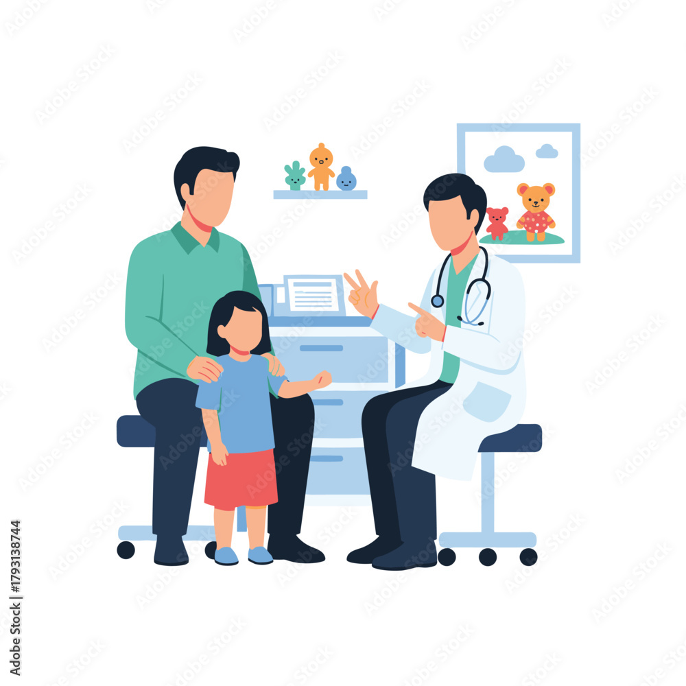 Obraz premium Father and his young daughter having a pleasant consultation with their friendly pediatrician in a welcoming clinic office.