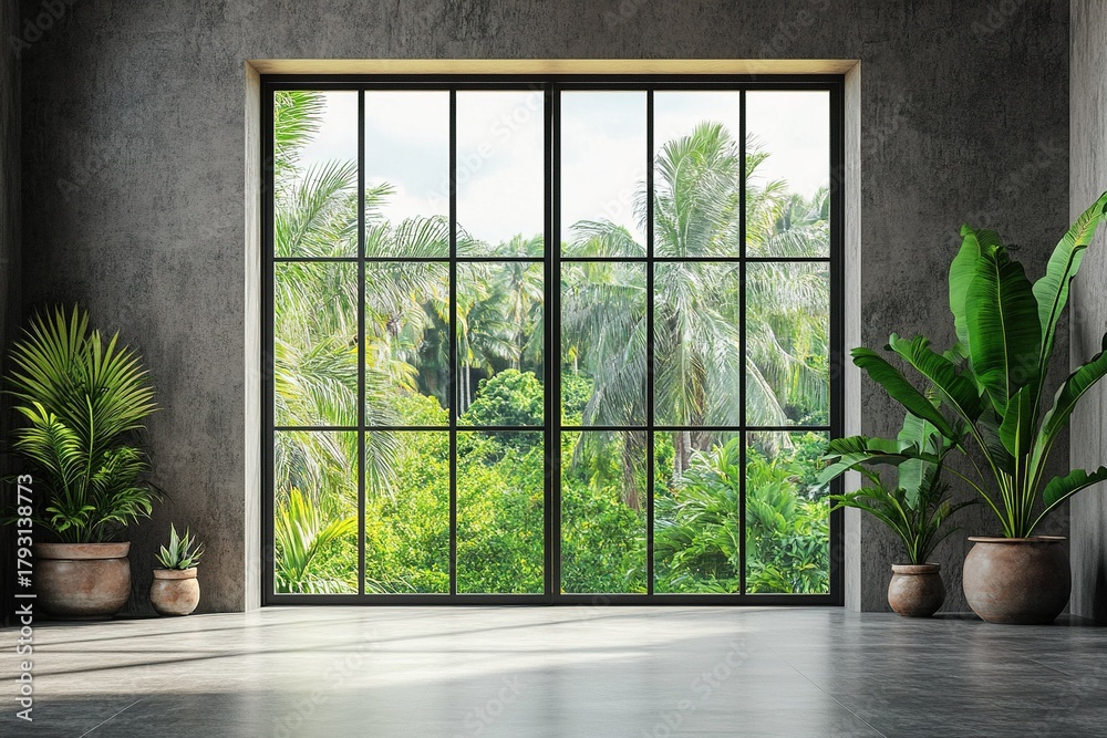 Fototapeta premium Grey empty living room interior, panoramic window on tropics