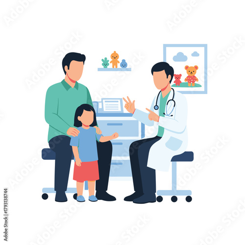 Father and his young daughter having a pleasant consultation with their friendly pediatrician in a welcoming clinic office.