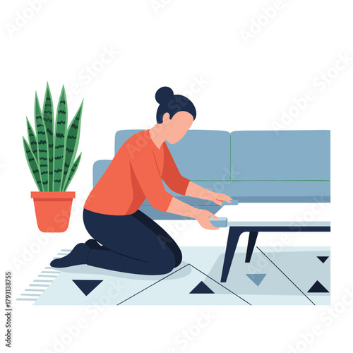 Woman kneeling on a rug to apply protective felt pads to the legs of a coffee table, preventing floor scratches.