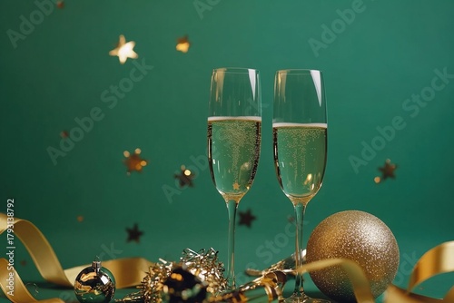 Happy New year celebration background concept. Champagne with glass, golden ribbon, stars, christmas ball on green background
