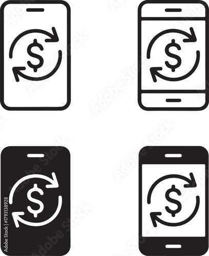 Isolated Mobile Banking black vector icon set, mobile banking icons, finance transfer payment system, solid black outline filled minimal thin stroke, online money app symbols