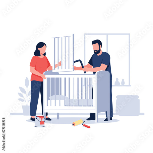 Expectant couple working together to assemble a new baby crib in the nursery, preparing their home for the baby's arrival.