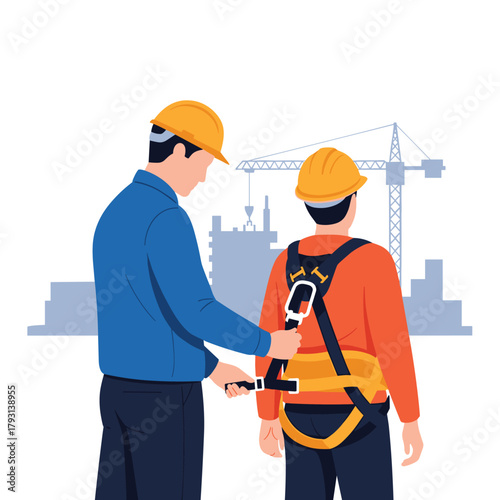 Construction site supervisor performing a safety check by adjusting the fall protection harness on a fellow worker.