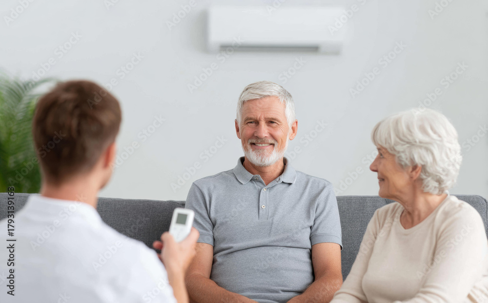 Fototapeta premium Happy senior couple talking with technician about air conditioner service and repair at home. professional worker installing new unit explains remote control